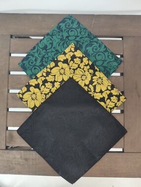 Men's Pocket Square Set Of 3— Green, Yellow & Black Floral and Paisley Designs